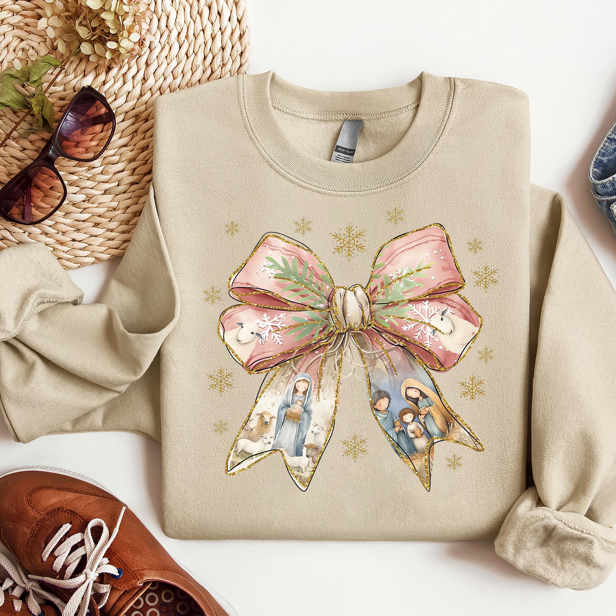 Jesus Christmas Coquette Bow Sweatshirt, Christian Christmas Sweatshirt, Nativity Scene Sweatshirt. ILAF28